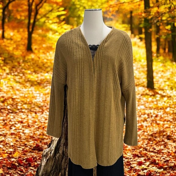 MittoShop Ribbed Mustard Knit Cardigan Open Front Fall Boho Minimal Chic Trendy - Picture 1 of 10
